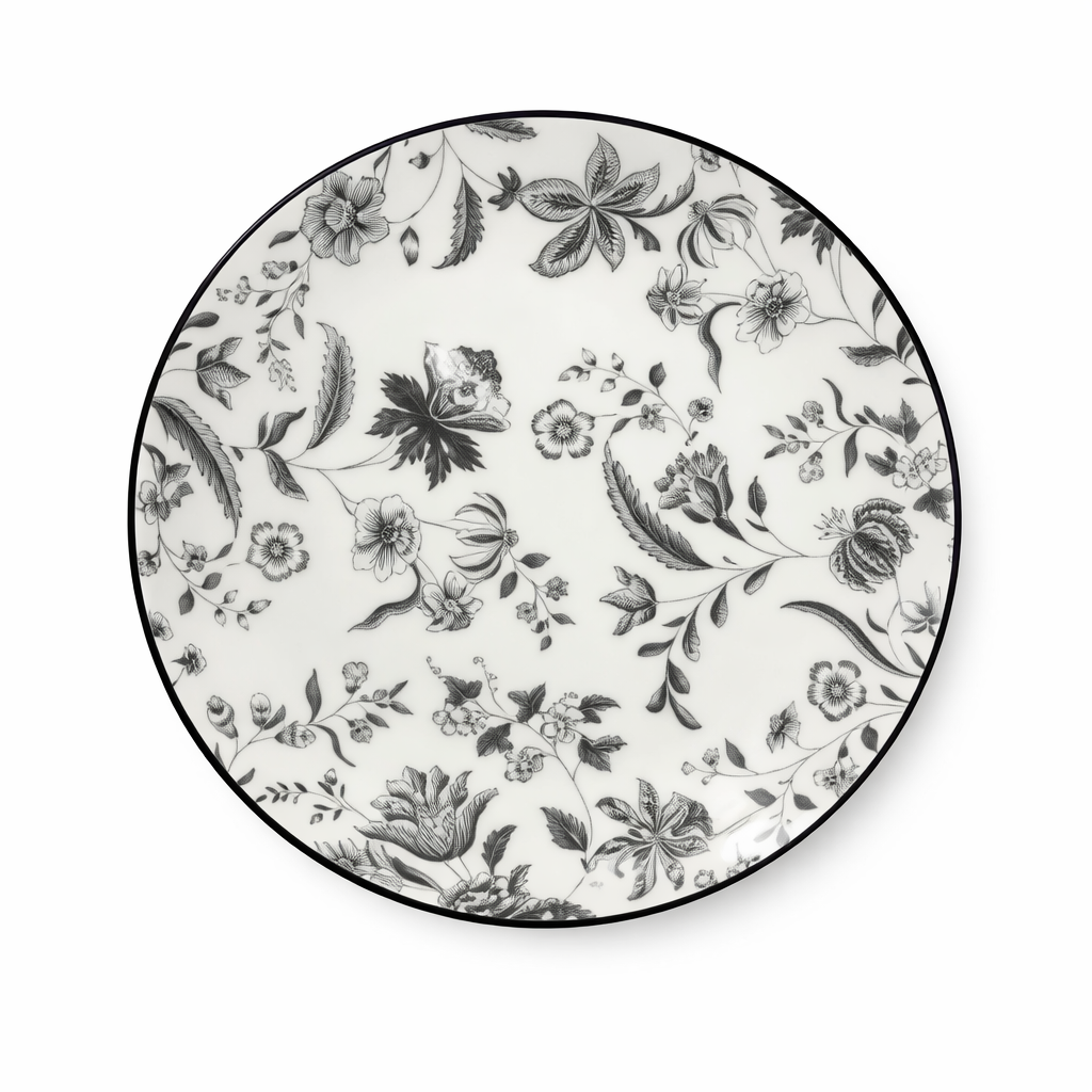 Black and White floral dinner plate